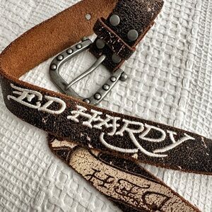 Ed Hardy Leather Skull Belt Embroidered Logo Y2K Rock Distressed Brown